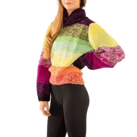 RARE 100% Cashmere Spencer Vladimir Multi-Color Hand-knit Turtleneck Sweater M/L - Picture 1 of 16